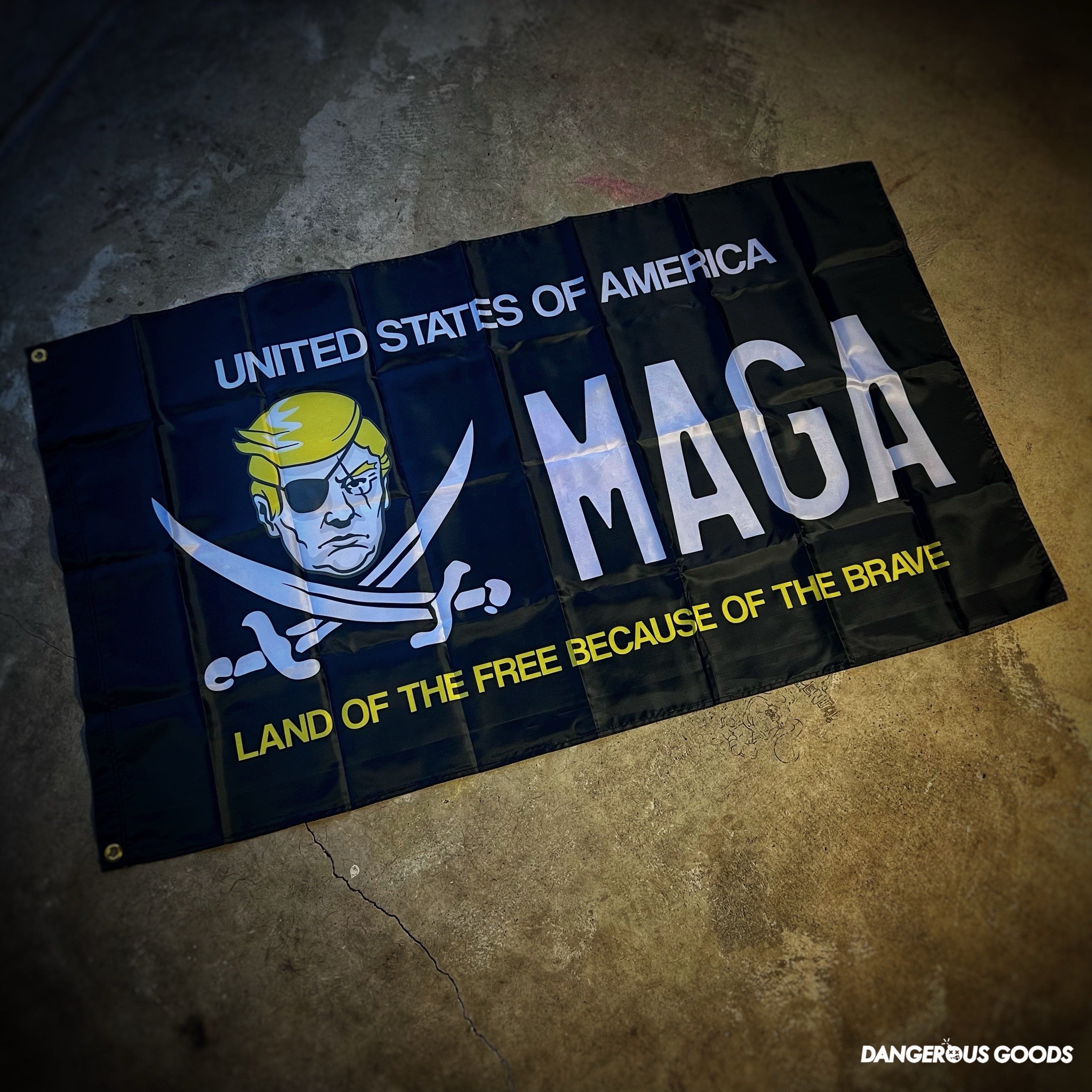 President Trump Calico Trump MAGA License Plate Pirate Flag - 3’ x 5’