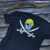 Alternate Back view of black Tshirt depicting a cartoon image of trumps head with two crossing pirate swords underneath 