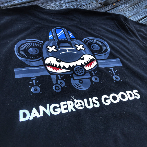 Alternate Back view of dangerous goods a10 warthog plane logo on t-shirt 